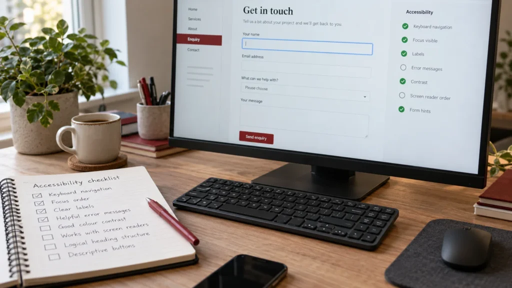 Illustrative keyboard-first enquiry form review on a monitor, visible simple focus outline, notebook accessibility checklist and compact keyboard. Concept screens, not a delivered client implementation.
