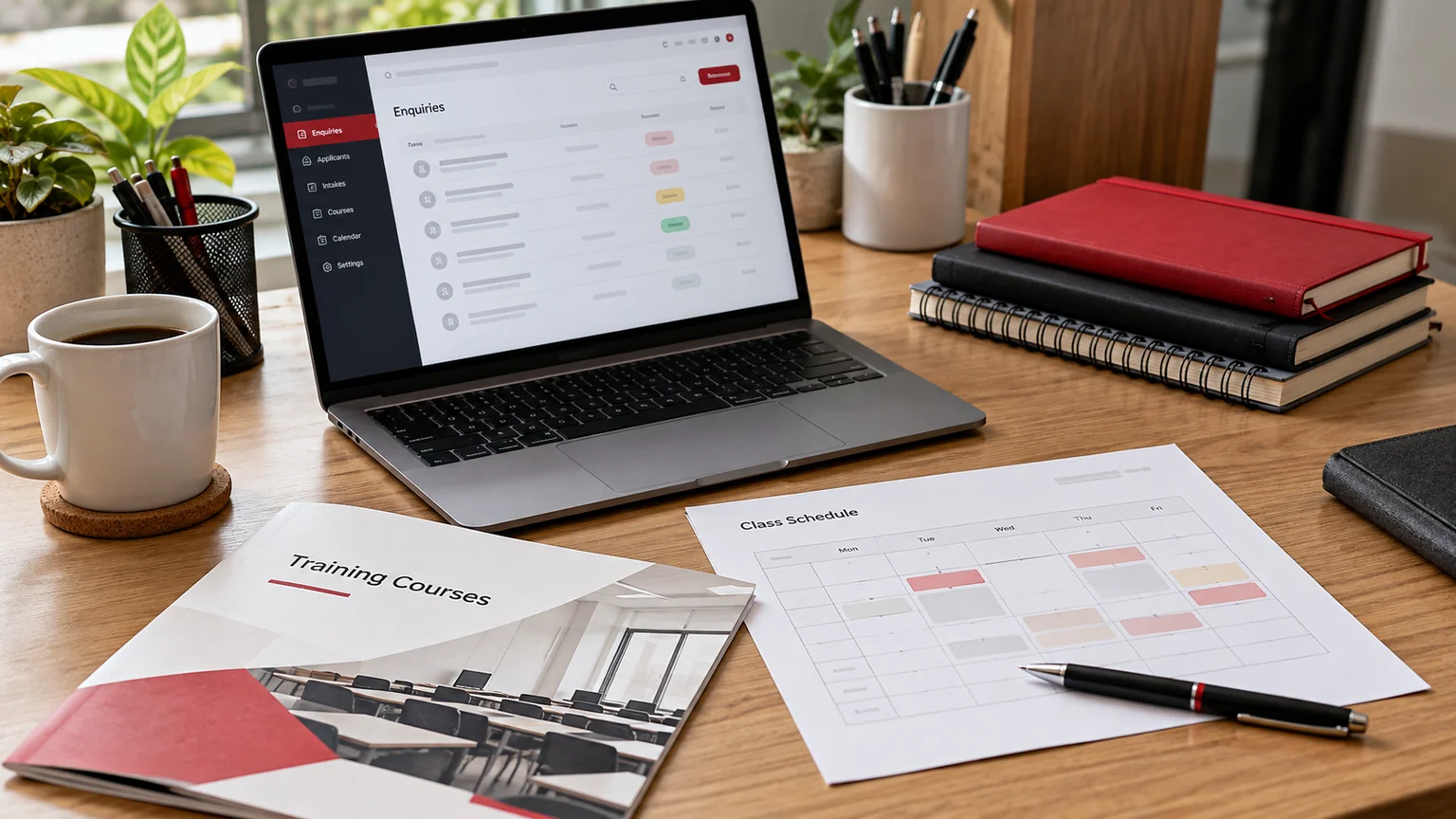 Illustrative training course enquiry and intake concept on a laptop, course brochure, classroom timetable and neatly stacked notebooks. Concept screens, not a delivered client implementation.