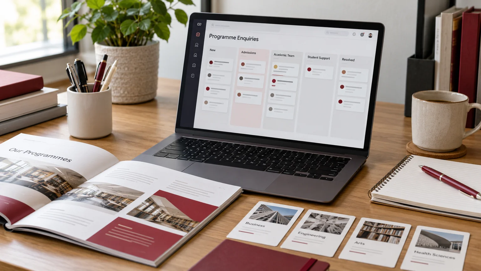 Illustrative generic programme enquiry-routing board on a laptop, college course prospectus, programme cards and neat stationery. Concept screens, not a delivered client implementation.