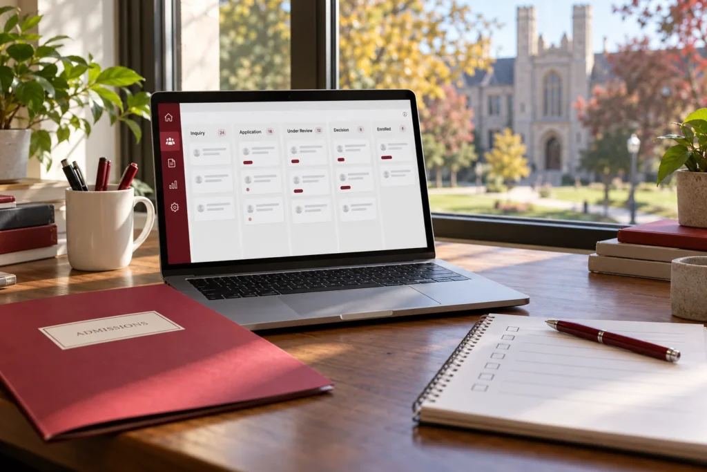 Illustrative admissions office with a laptop application workflow and a campus outside the window