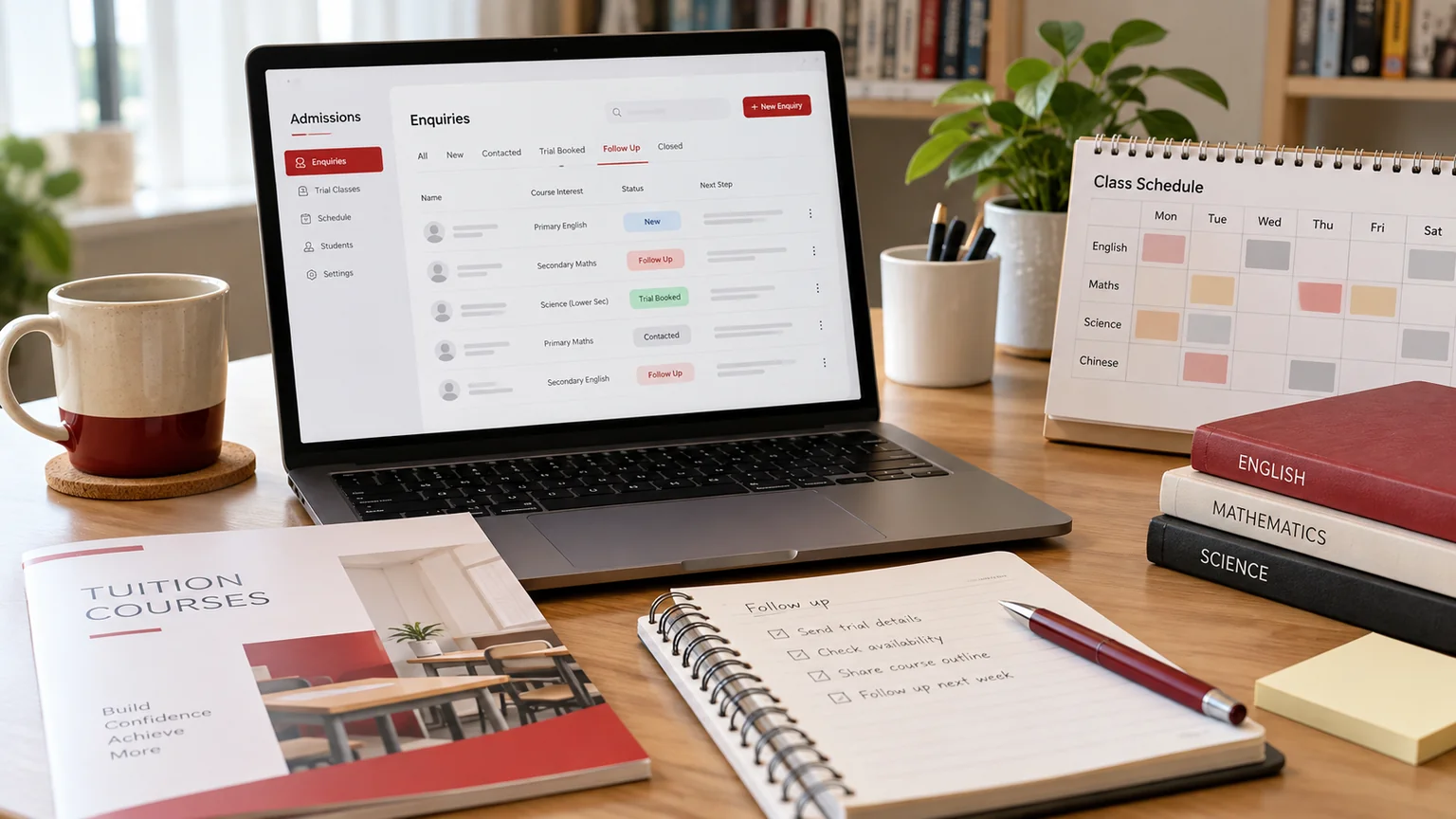 Illustrative generic trial-class enquiry and timetable interface on a laptop, tuition course brochure, classroom schedule cards and notebooks; no child or personal records. Concept screens, not a delivered client implementation.