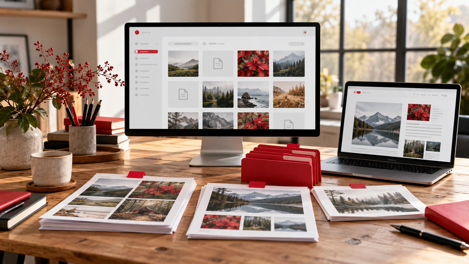 Illustrative content migration workspace with a digital asset library and publishing layout.