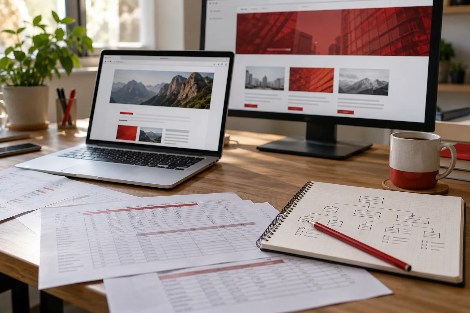 Illustrative website migration workspace with page inventory sheets, a mapping notebook and two website previews.