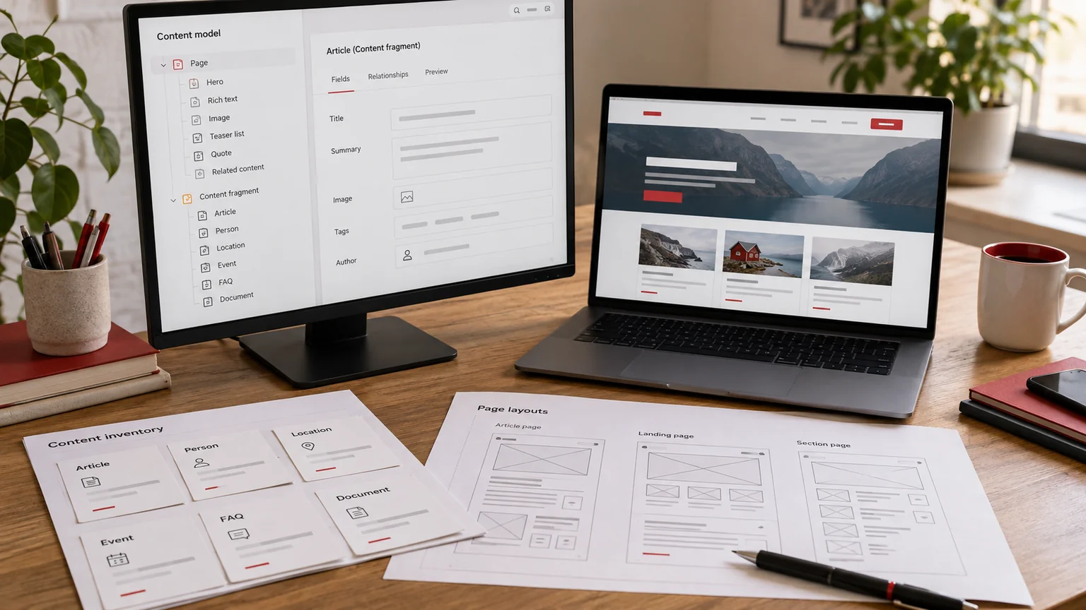 Illustrative structured content model and website preview on two screens, content inventory cards and architectural page-layout sheets. Concept screens, not a delivered client implementation.