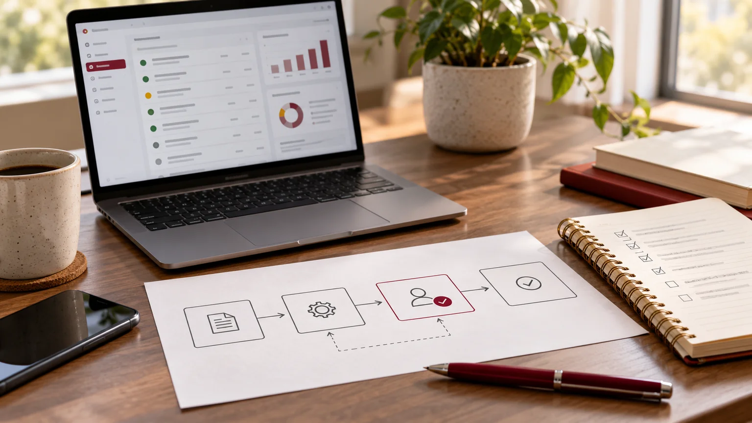 Illustrative business automation desk with a task dashboard and a paper workflow showing a human approval step.