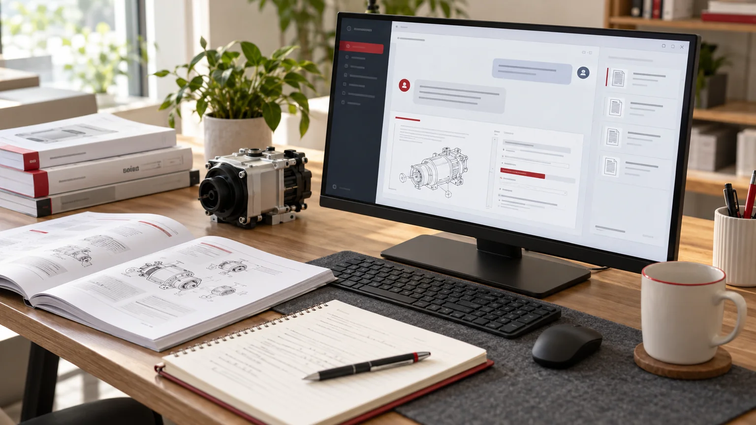 Illustrative generic product support chatbot with manual references on a monitor, appliance component sample, different-version manuals and support notebook. Concept screens, not a delivered client implementation.