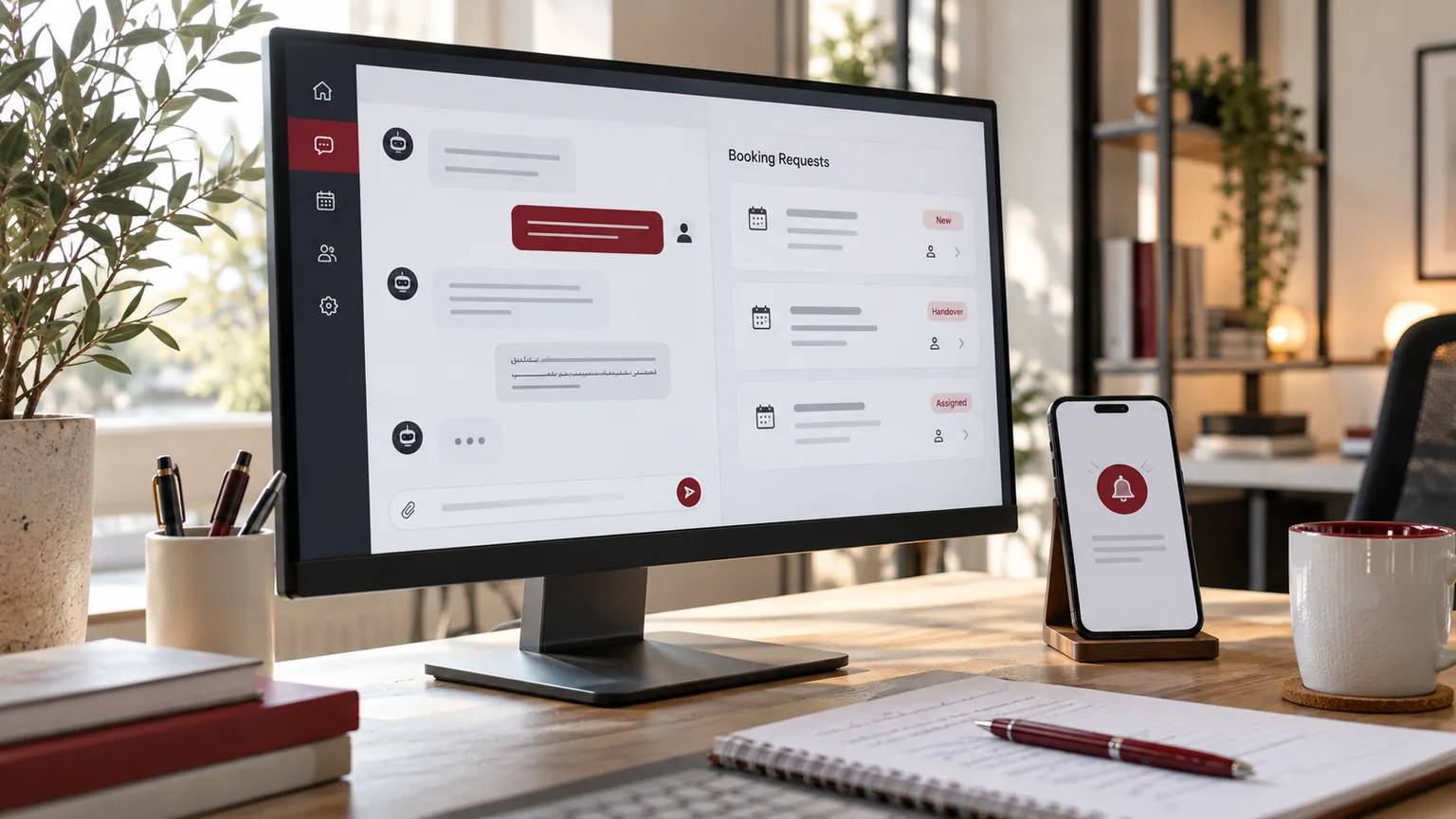 Illustrative generic bilingual chatbot and human handover interface on a monitor, appointment request cards and smartphone notification concept without real messages. Concept screens, not a delivered client implementation.