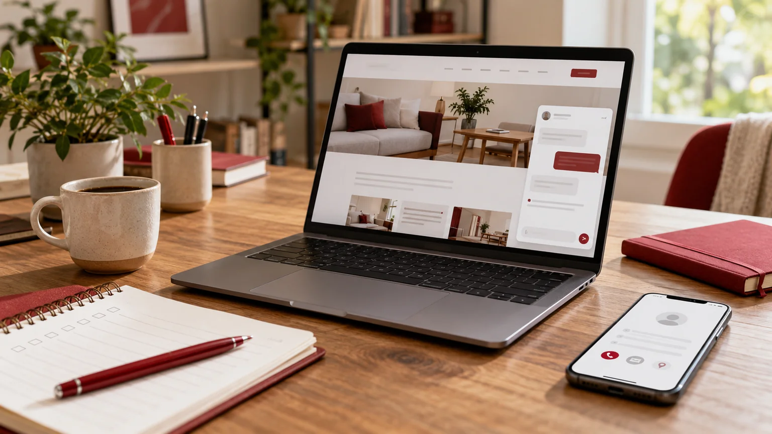 Illustrative enquiry-assistant planning desk with a generic service website, modest chat panel and paper checklist.