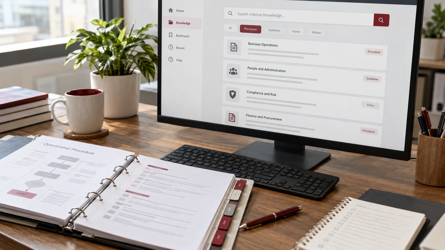 Illustrative generic internal knowledge search interface with source cards on a monitor, procedure binder, tabbed instruction sheets and a crimson pen. Concept screens, not a delivered client implementation.
