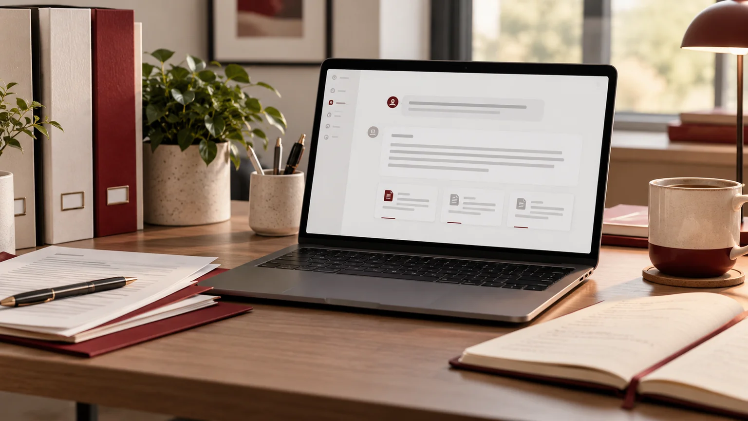 Illustrative company knowledge-search workspace with a generic answer interface, source cards and organised document folders.