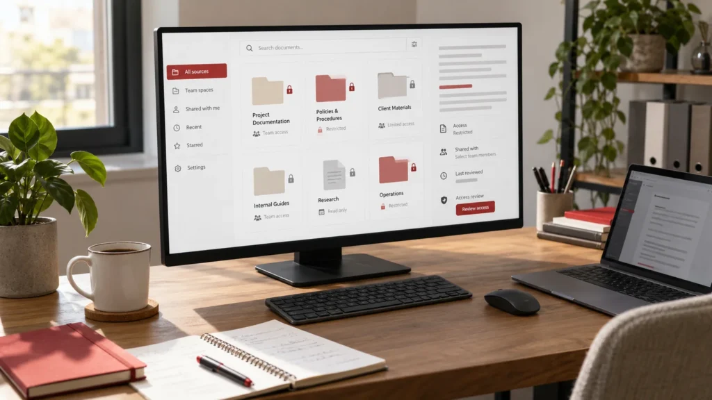Illustrative generic permission-aware document search concept on a monitor, grouped document folders with small abstract lock icons and access-review notes. Concept screens, not a delivered client implementation.