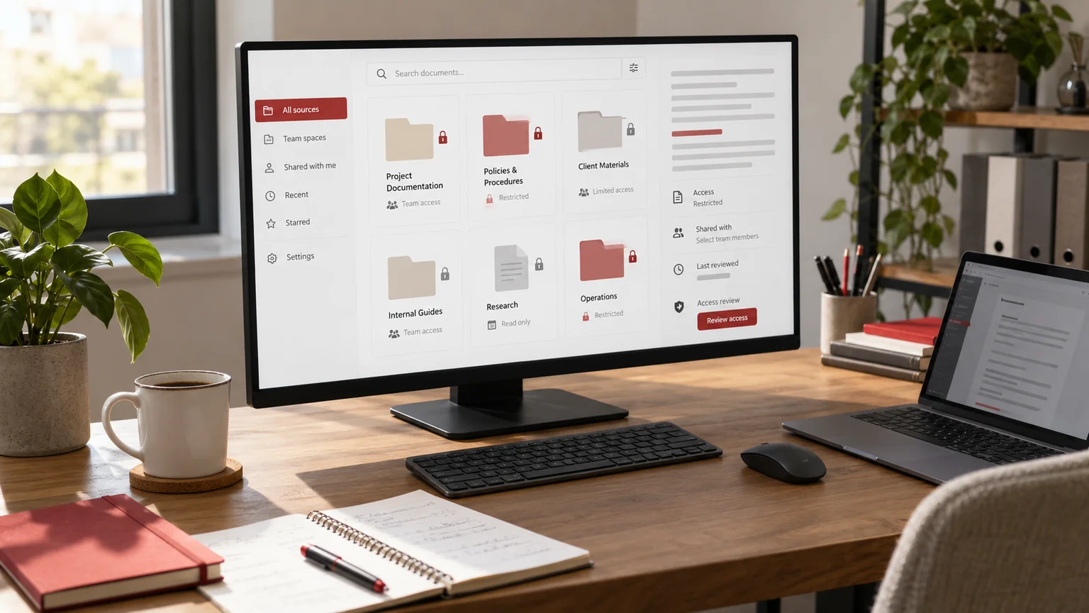 Illustrative generic permission-aware document search concept on a monitor, grouped document folders with small abstract lock icons and access-review notes. Concept screens, not a delivered client implementation.