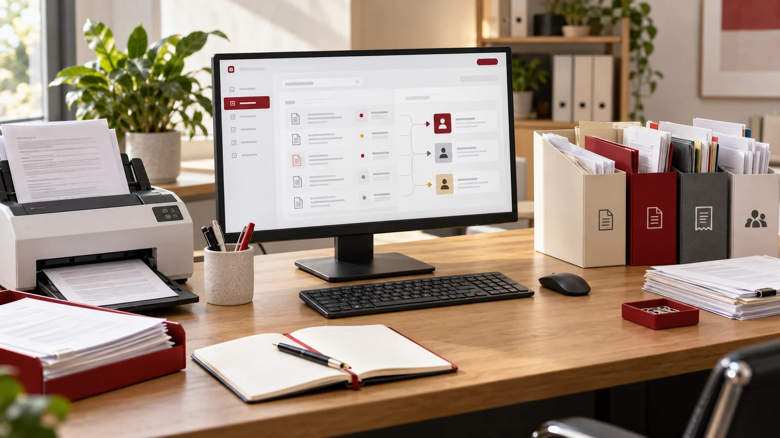 Illustrative generic document triage review queue on monitor, different document type folders, routing cards and office scanner. Concept screens, not a delivered client implementation.
