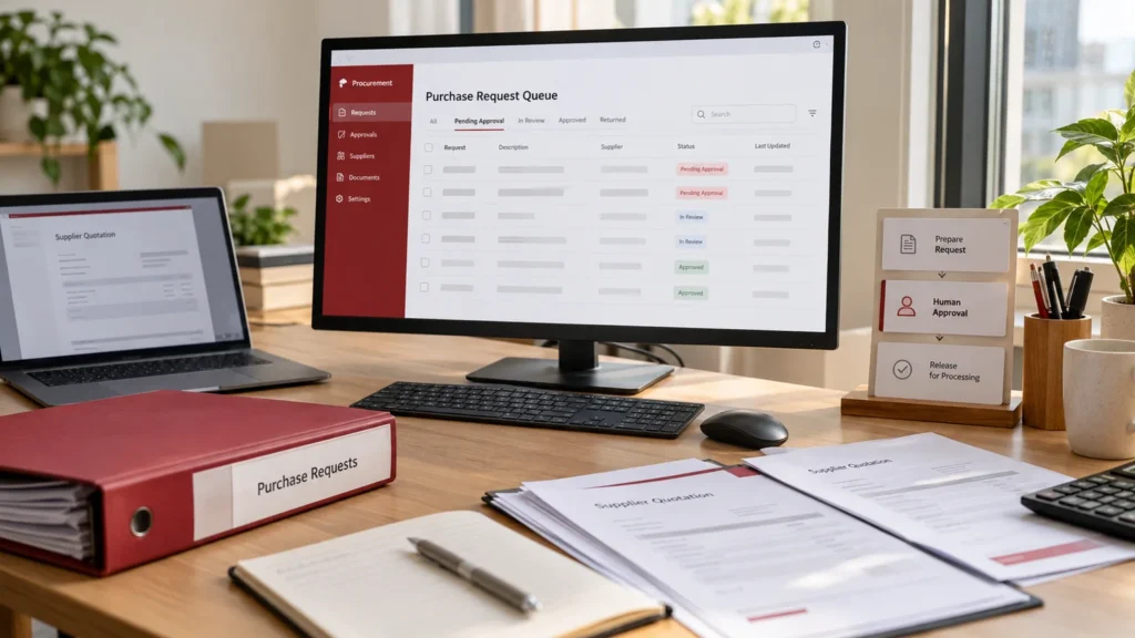 Illustrative generic purchase-request review queue on a monitor, purchase request folder, supplier quotation documents and approval-stage cards; no account numbers. Concept screens, not a delivered client implementation.