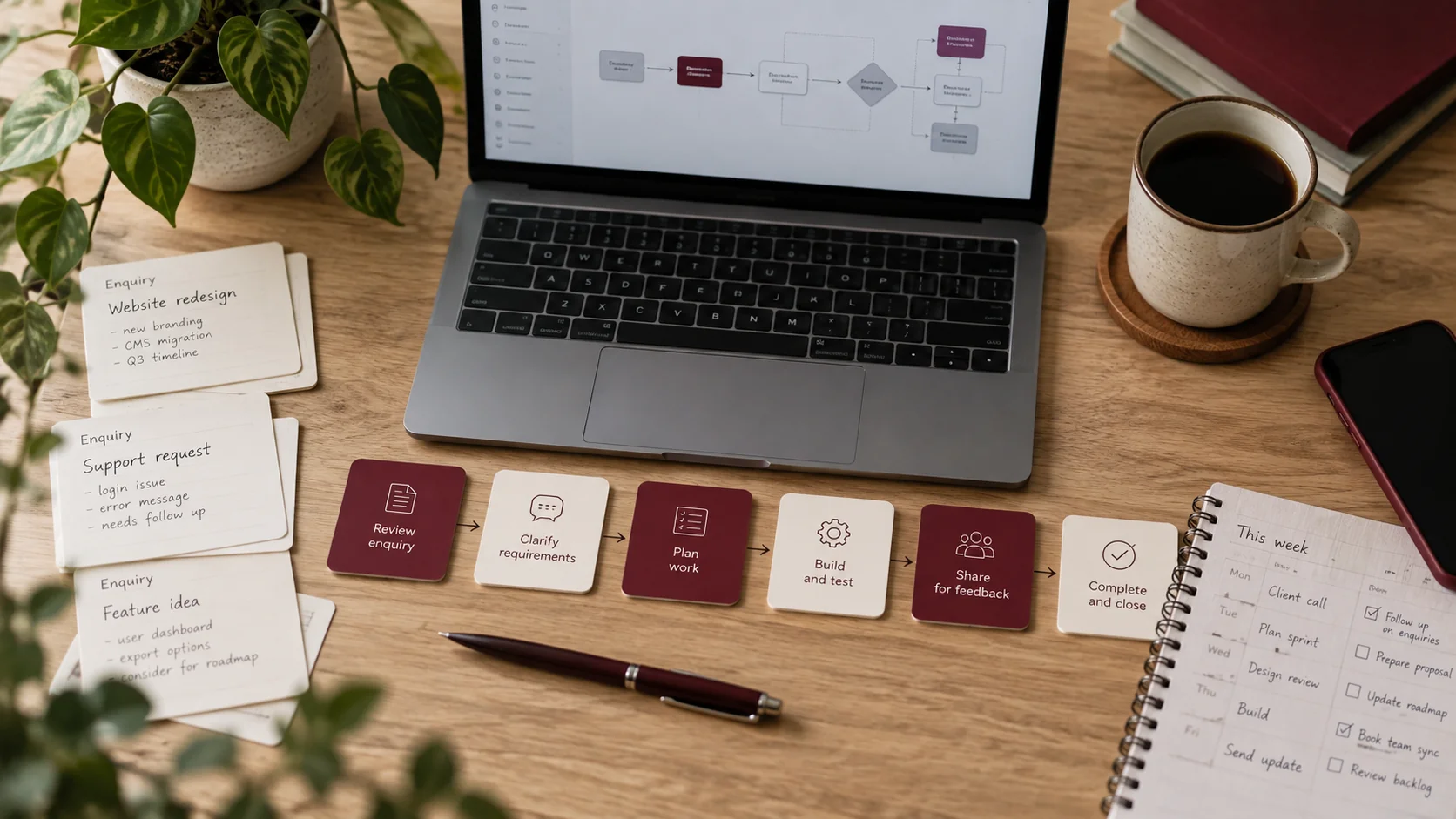 Laptop, enquiry cards and a planner arranged to illustrate a business workflow