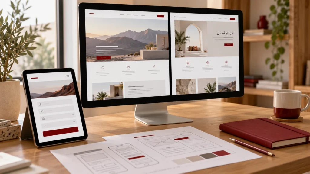 Illustrative bilingual website planning desk with left-to-right and right-to-left page concepts and a mobile form preview.