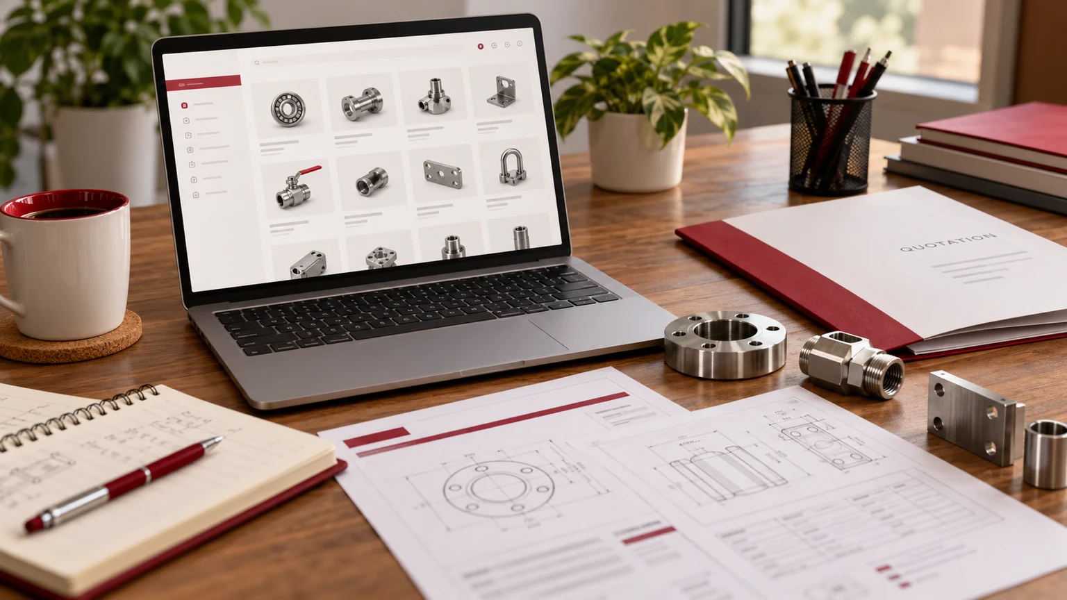 Illustrative trade-catalogue planning desk with generic product components, specification sheets and an unbranded quotation folder.