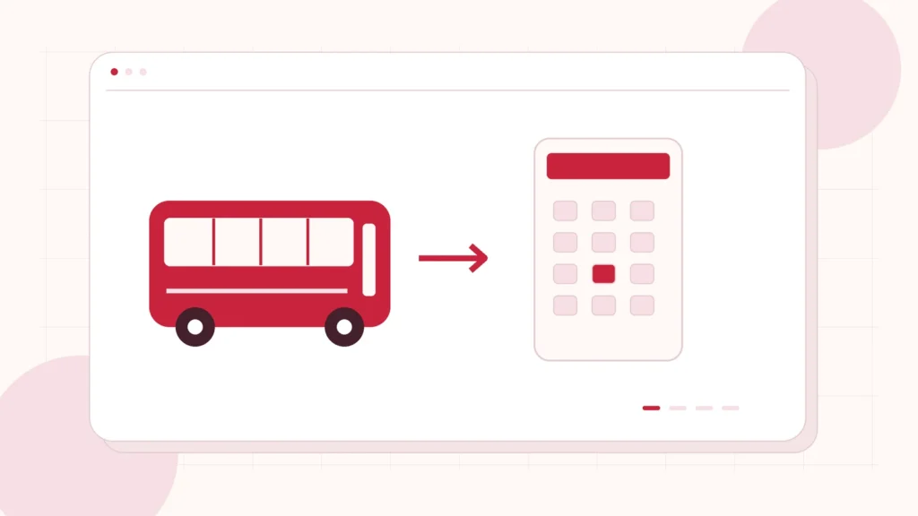 Editorial illustration of a bus, a seat-selection grid and connected booking steps