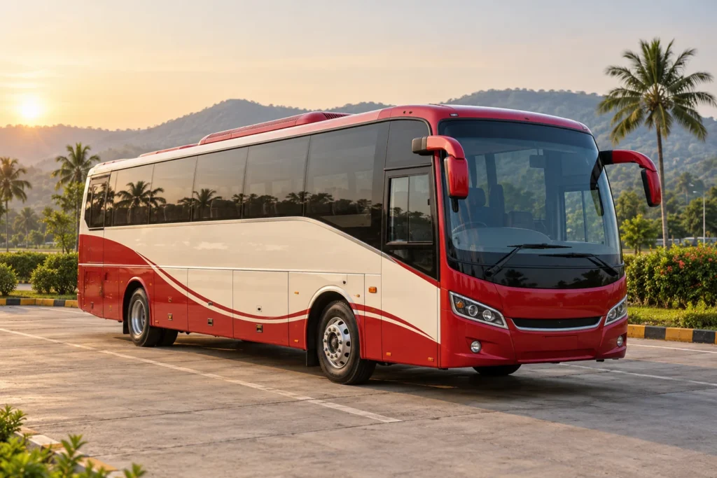 Illustrative red and ivory intercity coach at an Indian highway rest stop