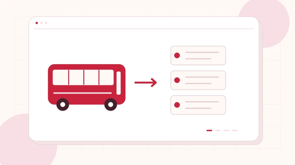 Editorial illustration of a bus connected to enquiry cards, quotations and a handover checklist