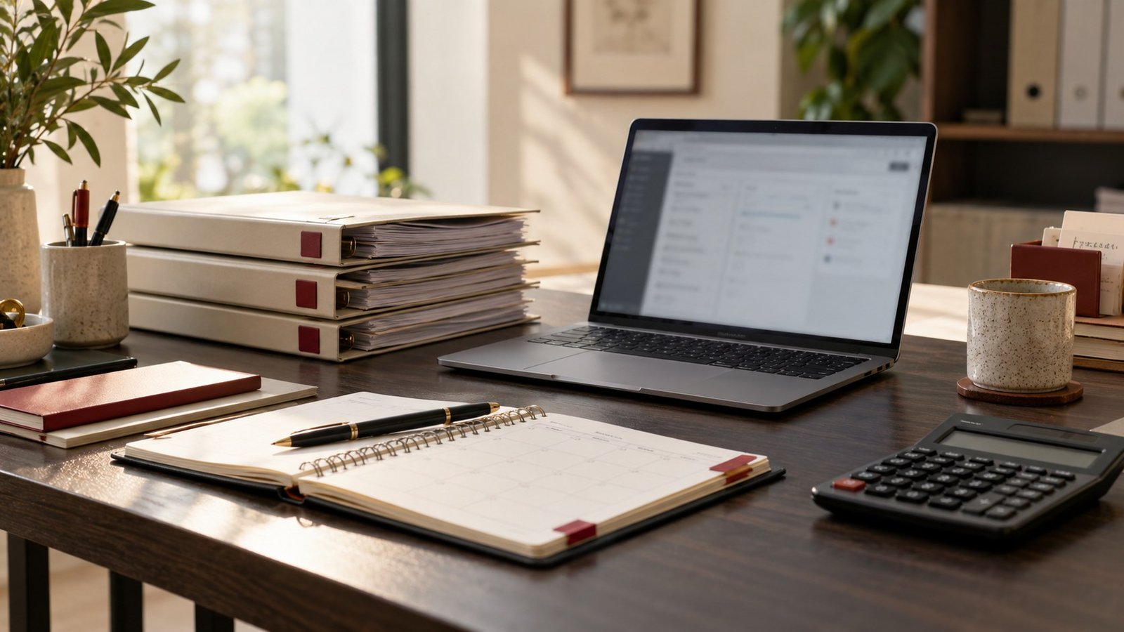 Client folders, a planner and a laptop on an accountant’s desk