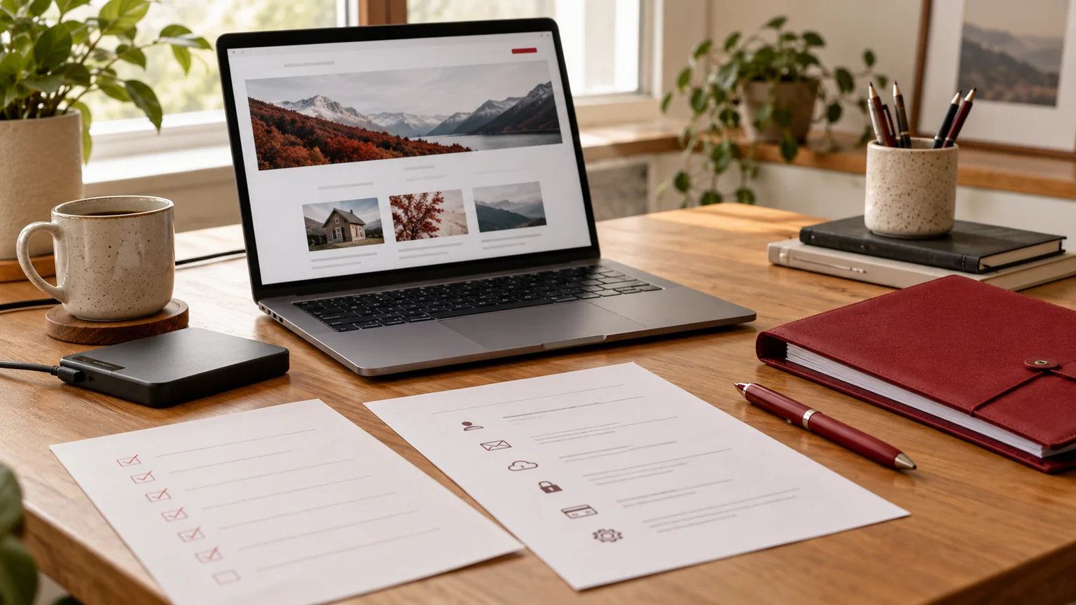 Illustrative website handover desk with a generic site preview, external backup drive and account-inventory papers.