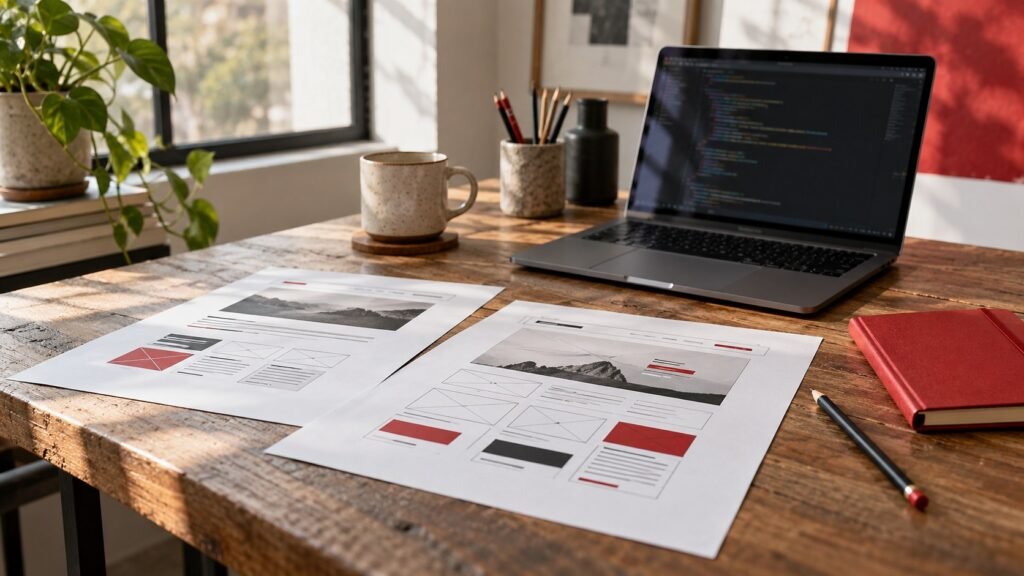 Website wireframes and a laptop in a development workspace