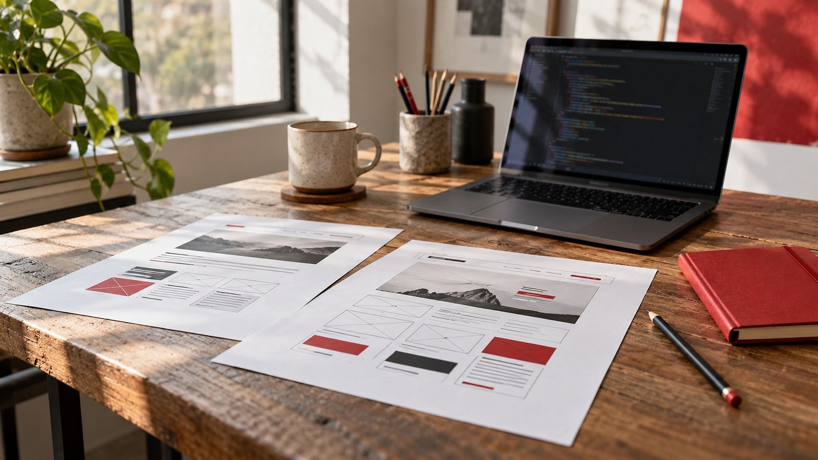 Website wireframes and a laptop in a development workspace