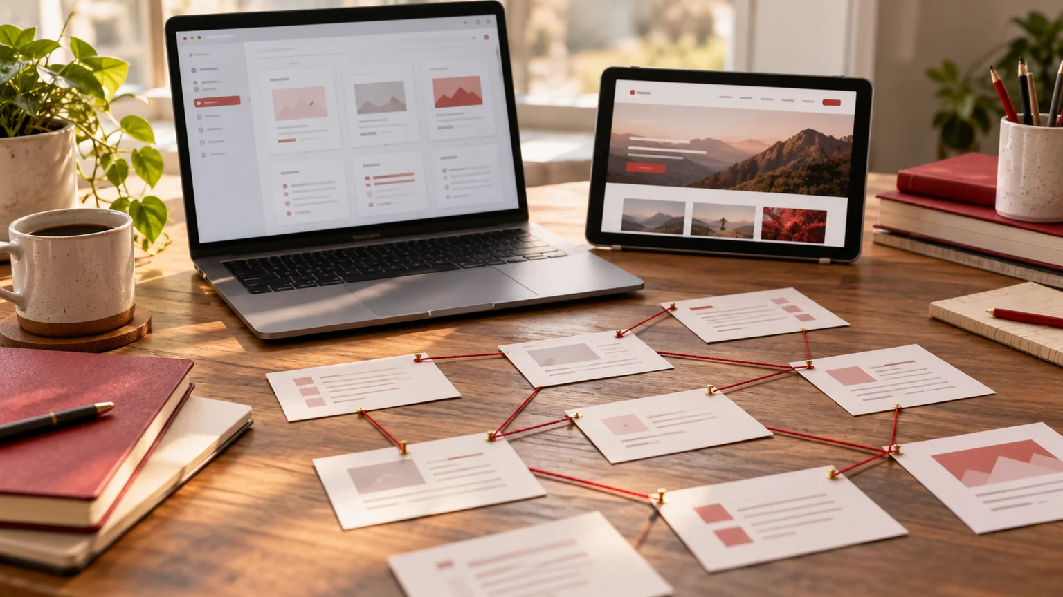 Illustrative headless content planning workspace with linked index cards, a content screen and a website preview.