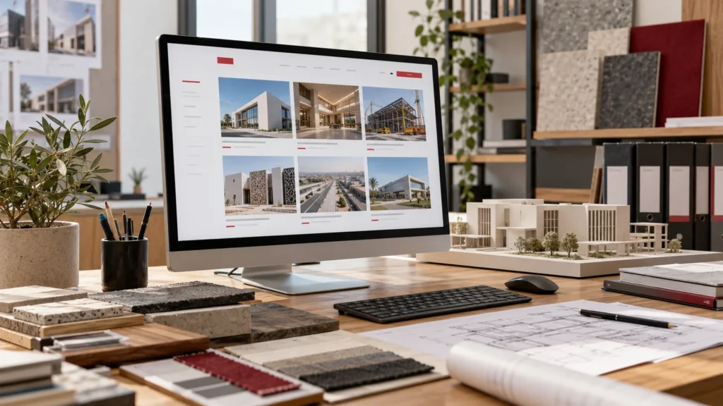 Illustrative contractor project gallery website on a monitor, neutral architectural model, project reference folders and material samples. Concept screens, not a delivered client implementation.