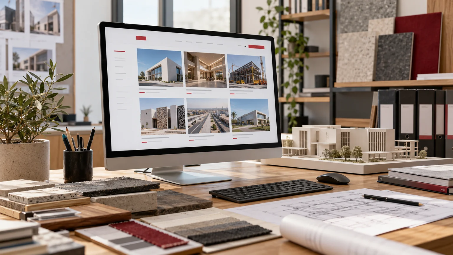 Illustrative contractor project gallery website on a monitor, neutral architectural model, project reference folders and material samples. Concept screens, not a delivered client implementation.