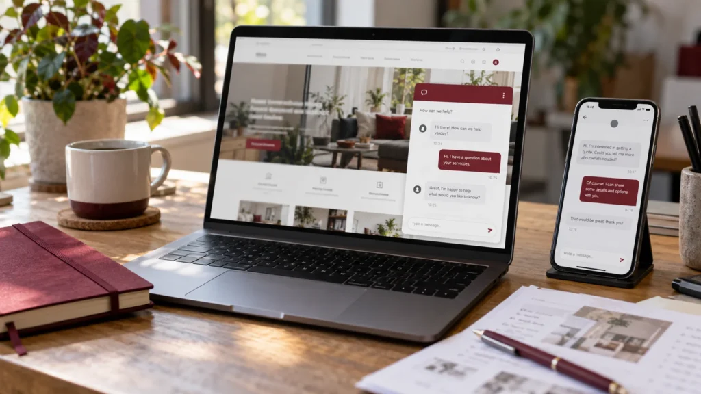 Laptop and phone displaying illustrative website chat conversations on a desk