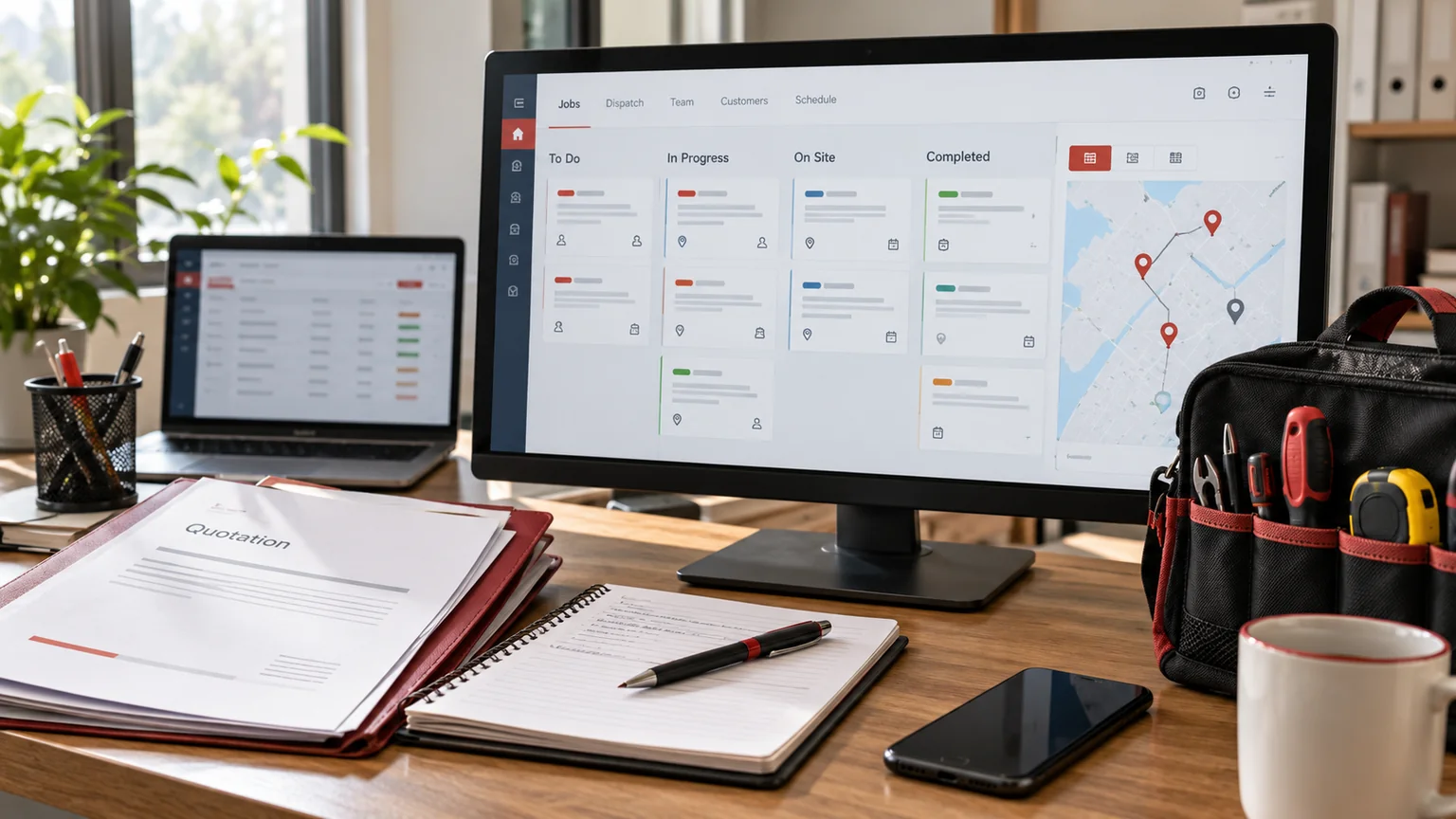 Illustrative generic field-service job board on a monitor, quotation folder, dispatch planning cards and an unbranded tool pouch. Concept screens, not a delivered client implementation.