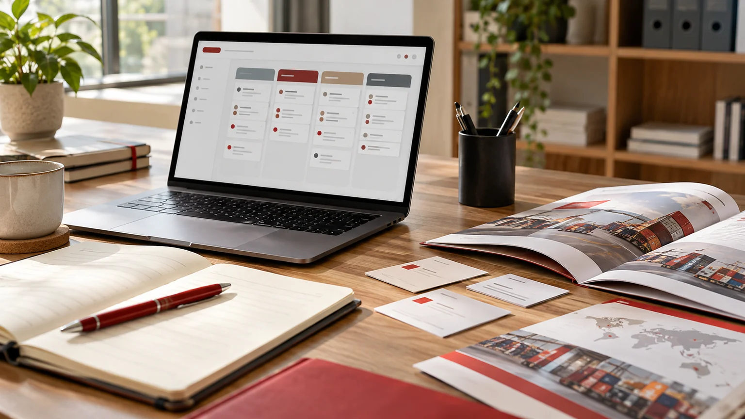 Illustrative generic distributor enquiry CRM with channel ownership board, trade event brochure, business enquiry cards without personal data. Concept screens, not a delivered client implementation.