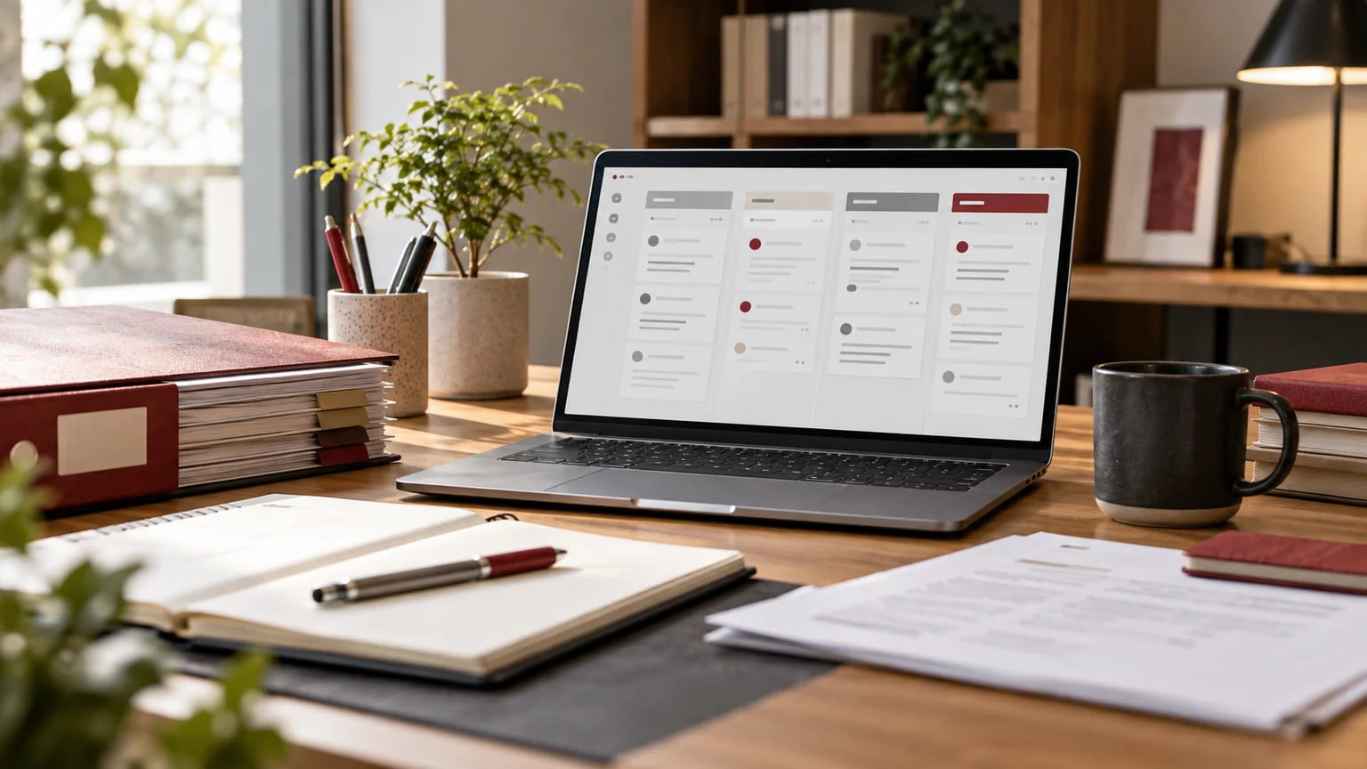 Illustrative generic internal proposal review queue, several reviewer task cards, versioned proposal folder and quiet office desk. Concept screens, not a delivered client implementation.