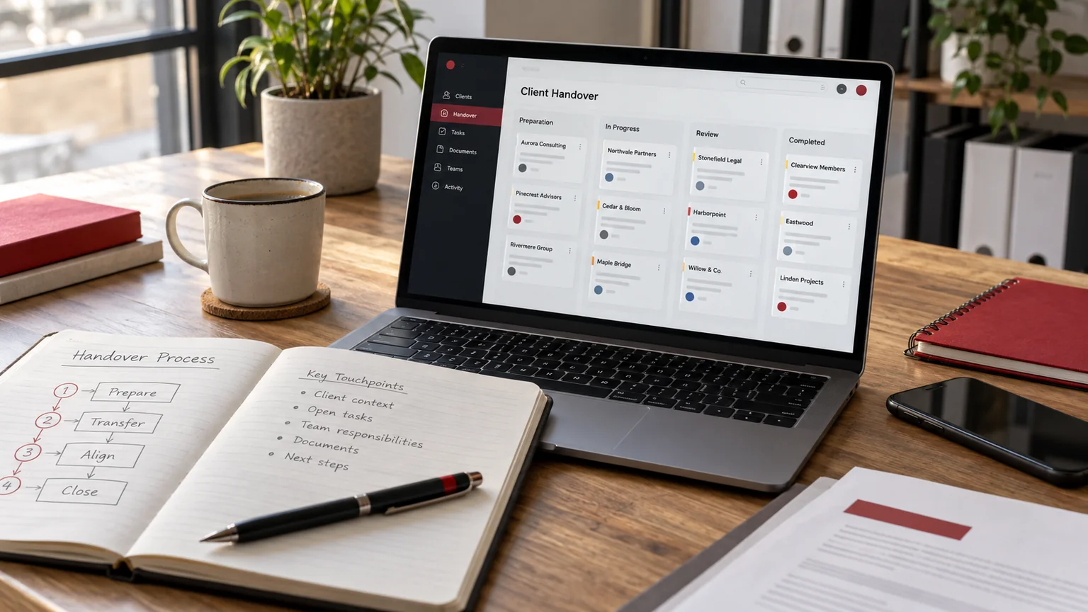 Illustrative generic cross-team service handover board on a laptop, client responsibility mapping cards with fictional abstract names and process notebook. Concept screens, not a delivered client implementation.