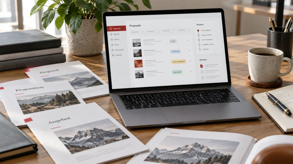 Illustrative generic proposal-version CRM on a laptop, different-language proposal layouts without legible copy, timeline cards and fountain pen. Concept screens, not a delivered client implementation.