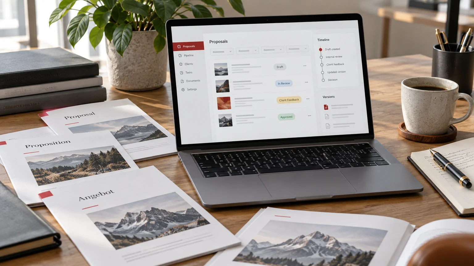 Illustrative generic proposal-version CRM on a laptop, different-language proposal layouts without legible copy, timeline cards and fountain pen. Concept screens, not a delivered client implementation.