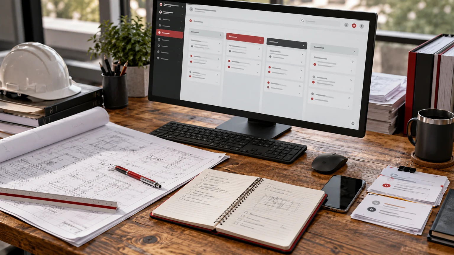 Illustrative contractor bid invitation CRM on monitor, revised plan sheets, document addendum cards and estimator notebook. Concept screens, not a delivered client implementation.