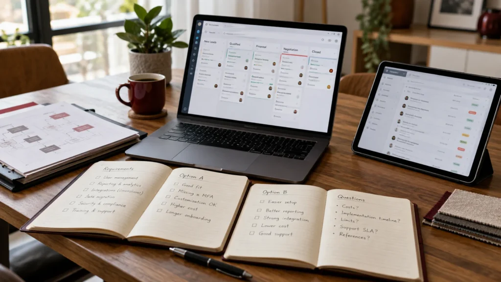 Laptop and tablet with illustrative CRM interfaces beside requirements notebooks