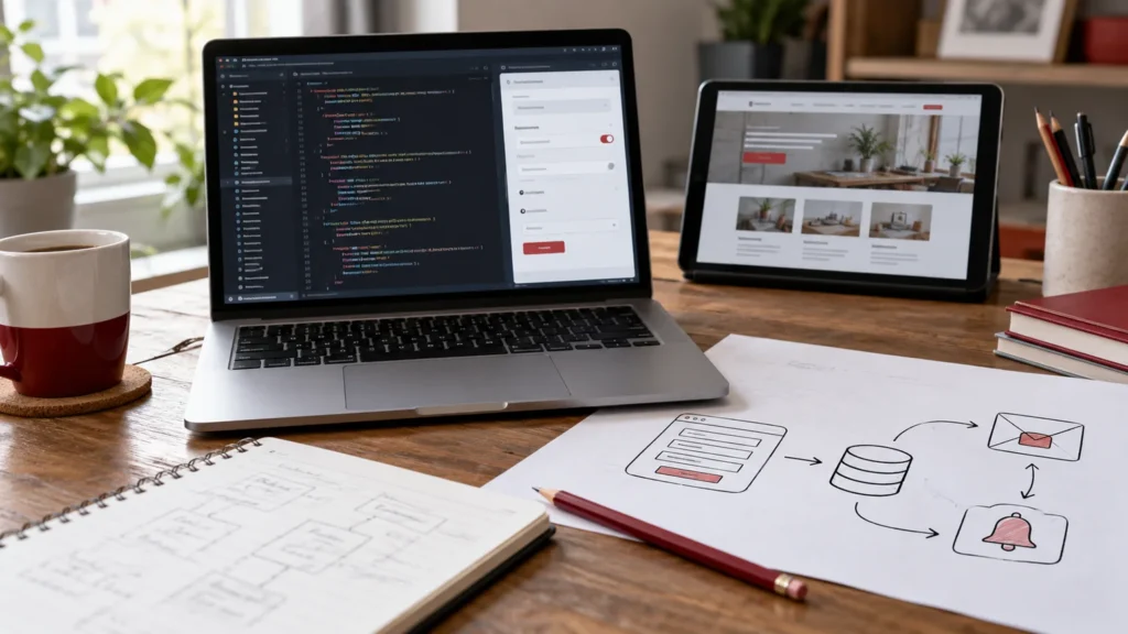 Illustrative plugin development desk with a code editor, conceptual settings panel and workflow sketches