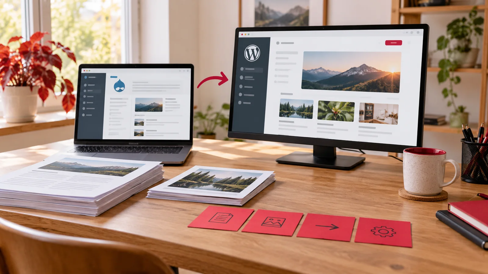 Illustrative Drupal-to-WordPress content migration workspace with two publishing screens.