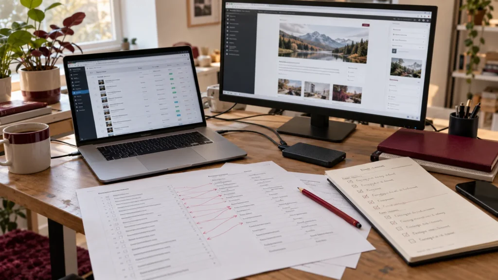 Illustrative migration workstation with content lists, website layouts, URL mapping sheets and a backup drive