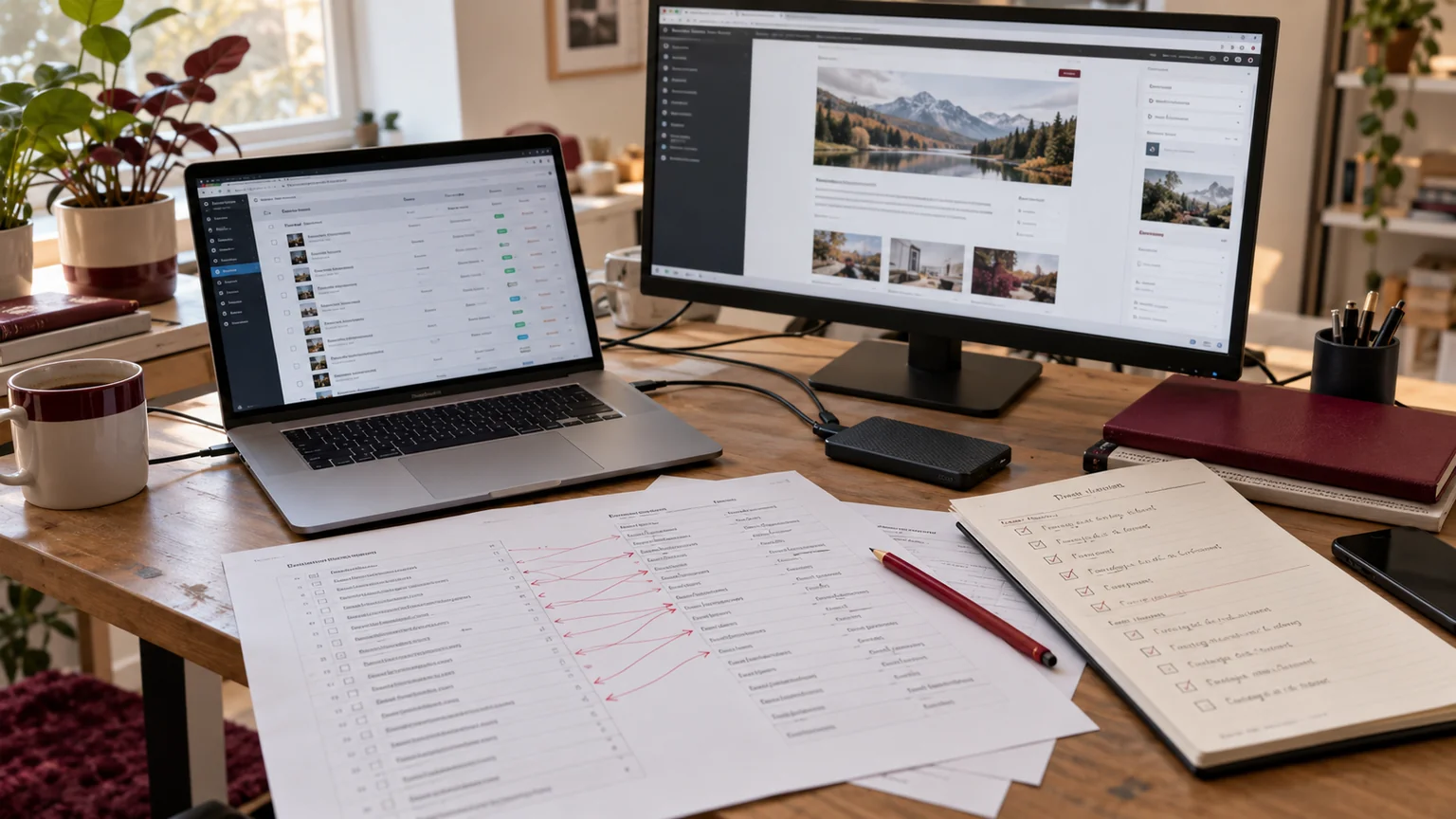 Illustrative migration workstation with content lists, website layouts, URL mapping sheets and a backup drive