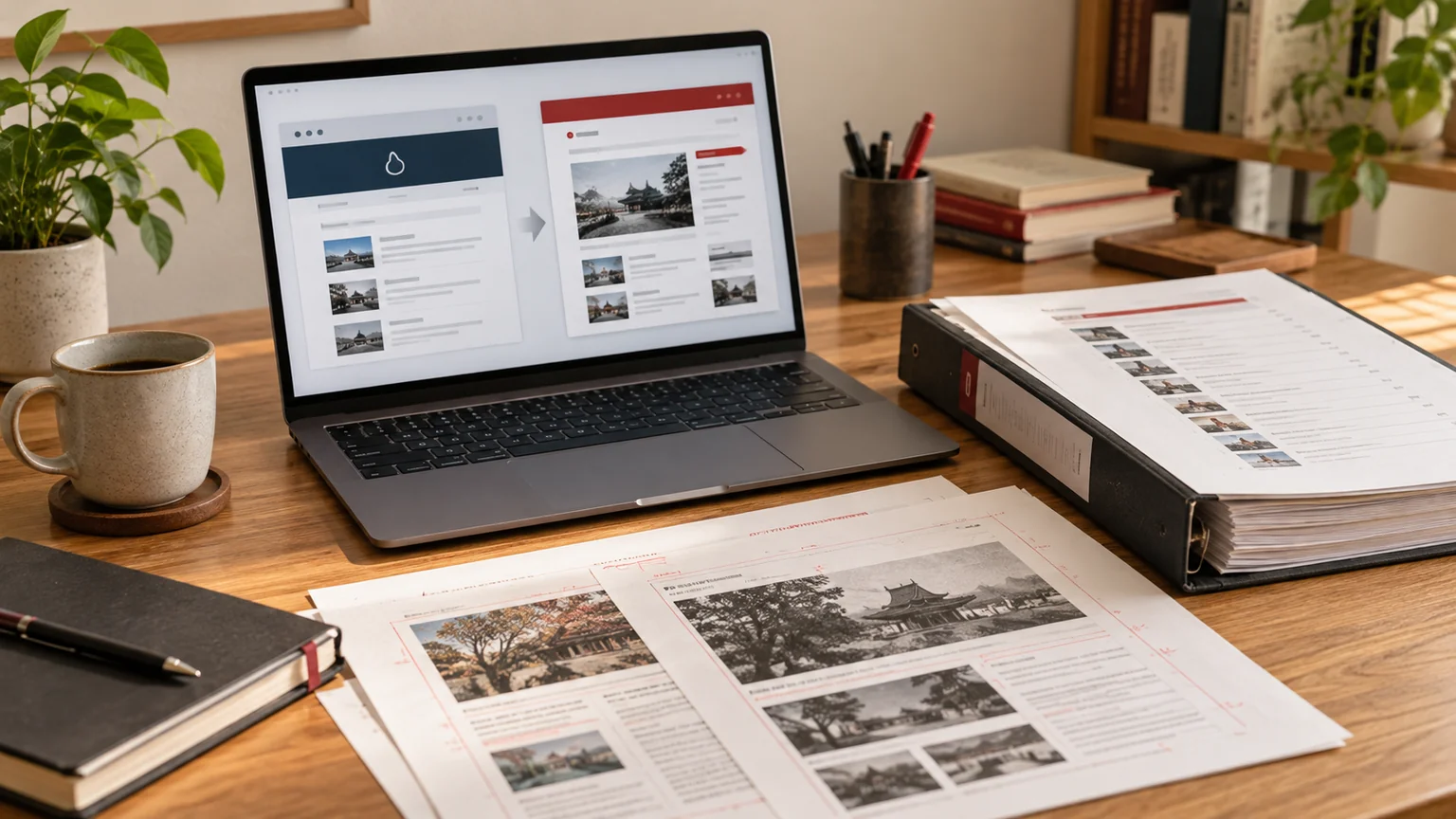 Illustrative generic news archive migration comparison on laptop, dated editorial proof sheets and content index binder. Concept screens, not a delivered client implementation.