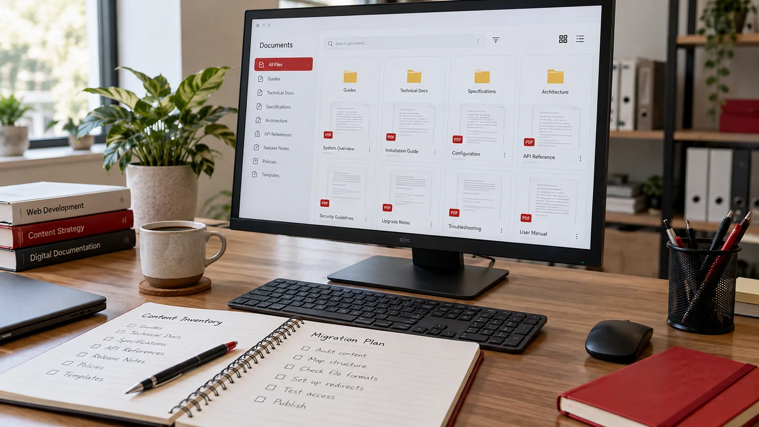 Illustrative technical PDF document library concept on a monitor, organised file folders and a content inventory notebook. Concept screens, not a delivered client implementation.