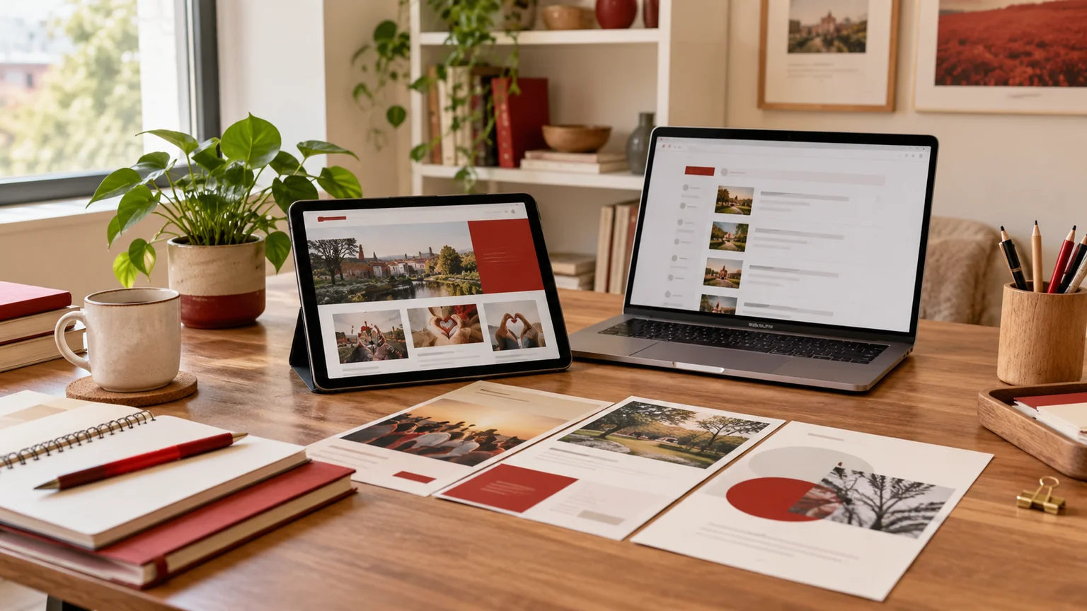 Illustrative nonprofit publishing desk with generic community resource pages, content records and paper event layouts.