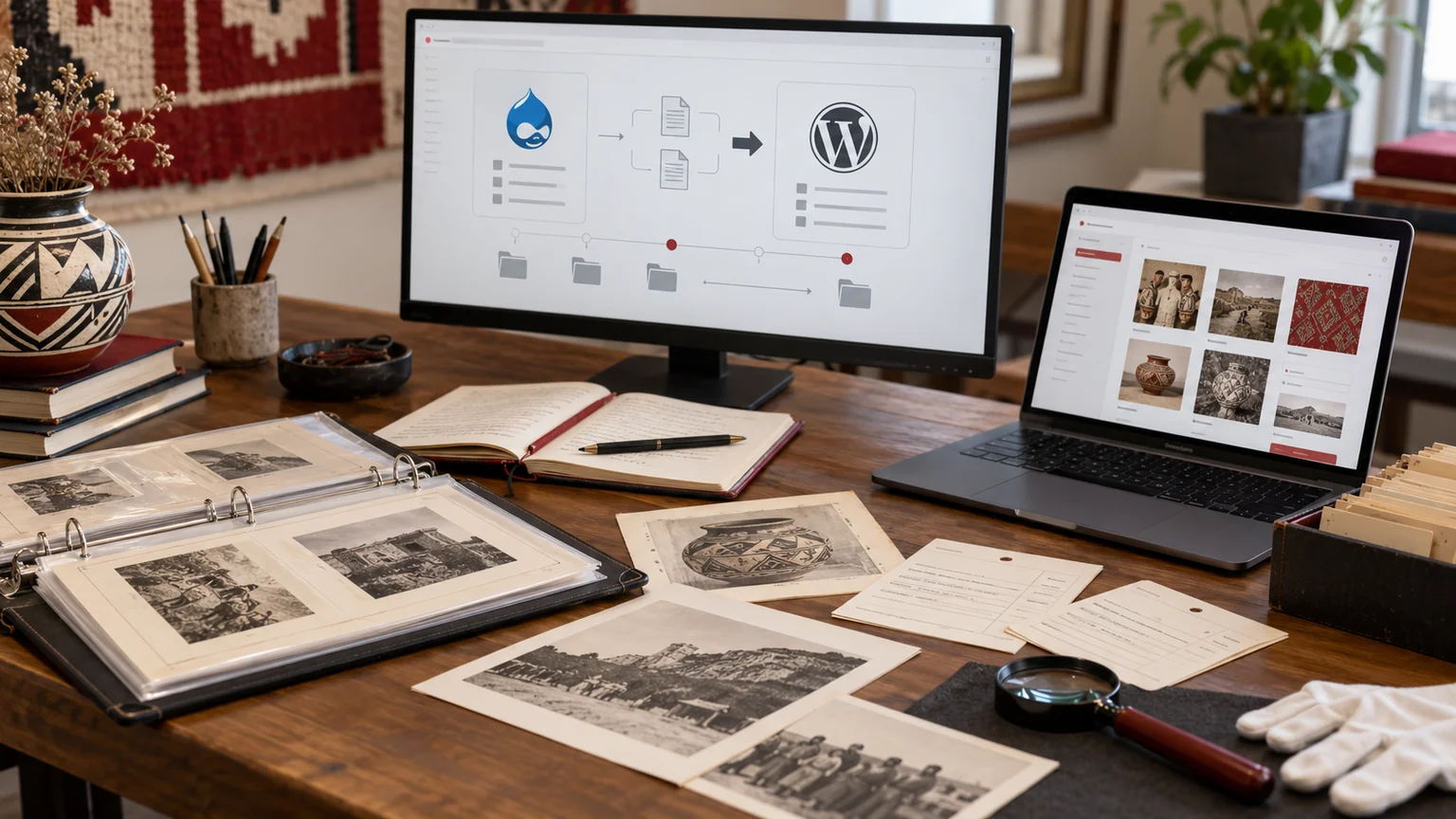 Illustrative cultural collection migration map on monitor, archival photo reproductions, provenance catalogue cards and a collection binder. Concept screens, not a delivered client implementation.