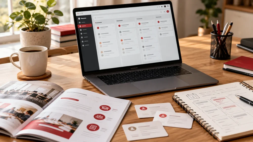 Illustrative generic employer training cohort enquiry board on laptop, course prospectus, participant interest cards and class planning notebook. Concept screens, not a delivered client implementation.