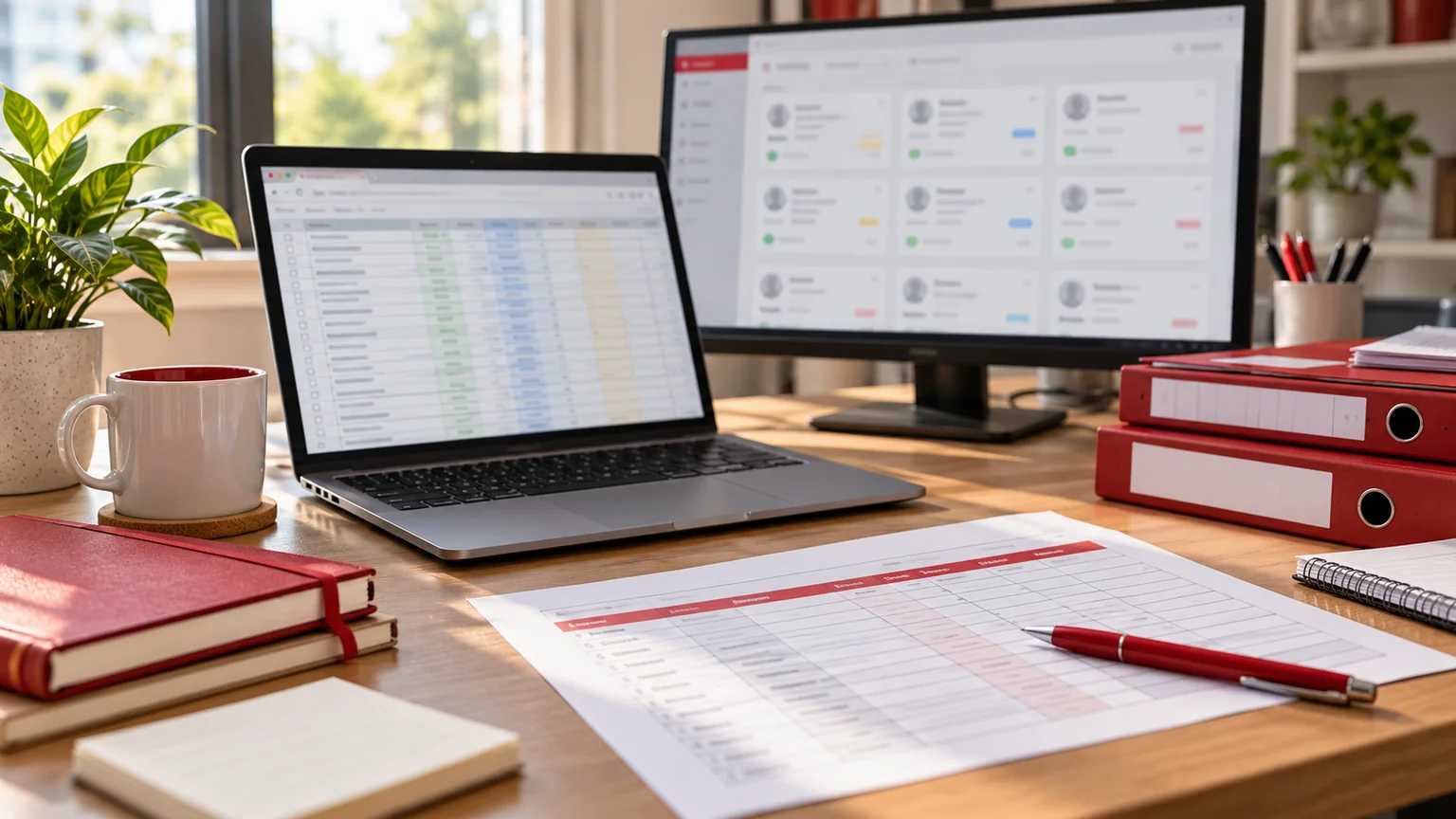 Illustrative CRM migration desk with a blurred spreadsheet, generic customer record cards and a field-mapping notebook.